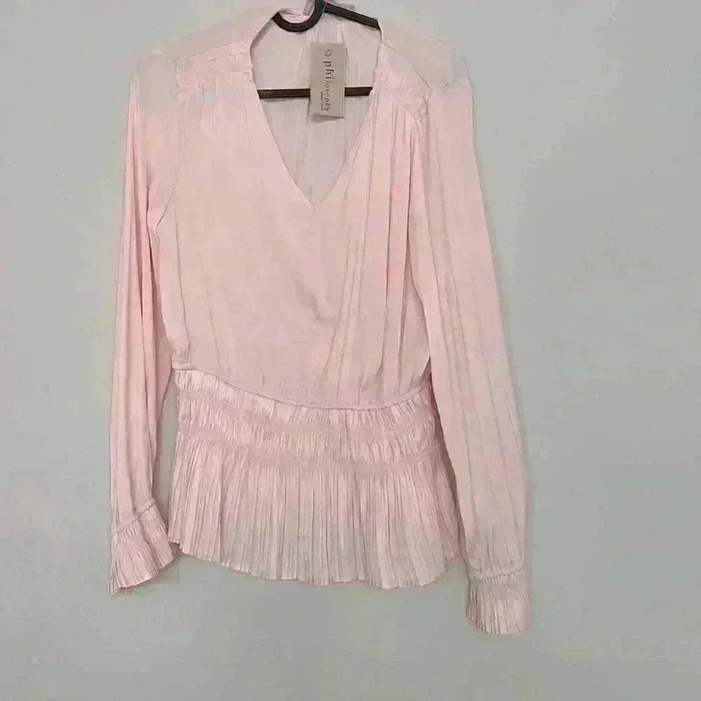 PHILOSOPHY- Pink Satin Smocked Blouse Sz Small New with tags